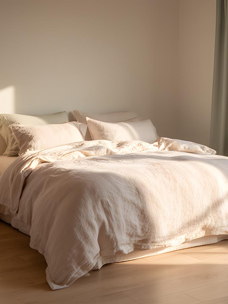 Serene bedroom with pale linen bedding and morning light across the bed