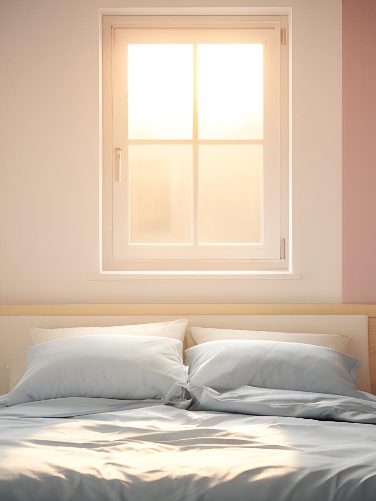 Sunlit bedroom window above a neatly dressed bed with pale blue bedding