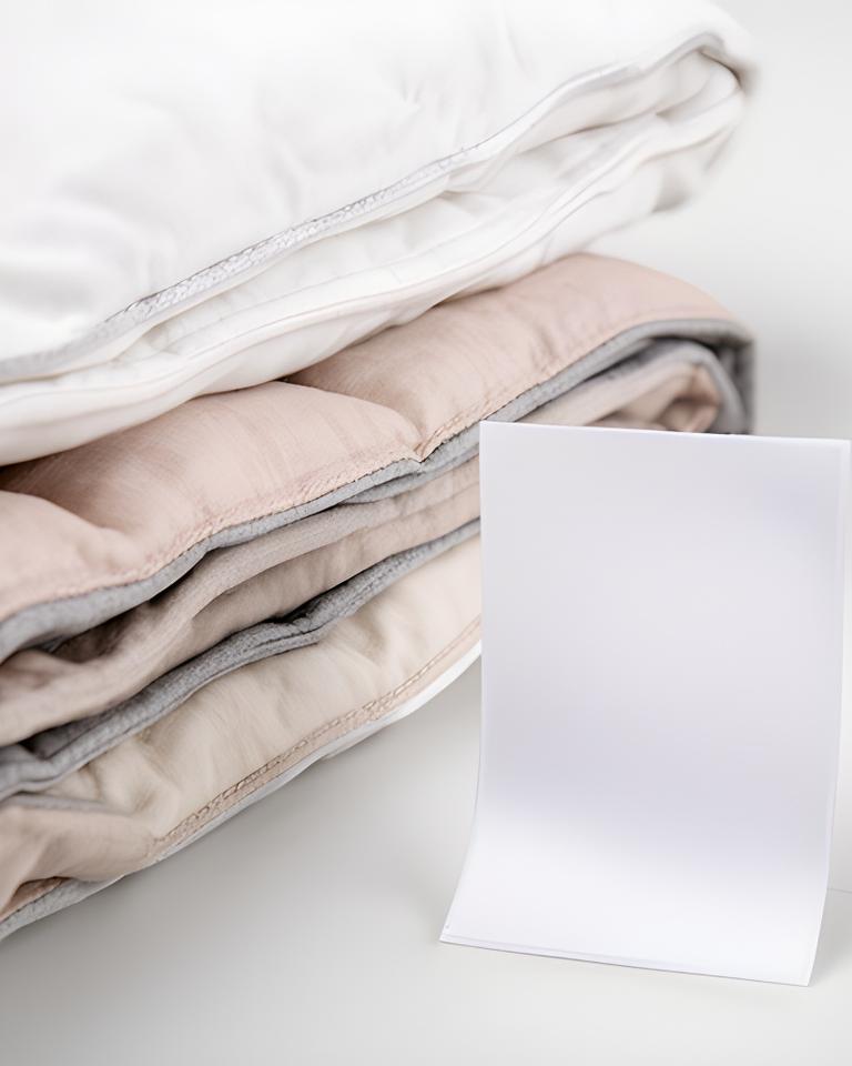 Bedding care label beside folded fabric on a clean work surface