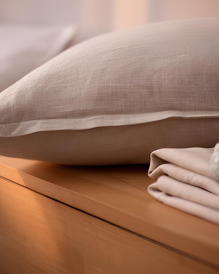 Close view of a linen pillowcase and folded sheet on a softly lit wooden bedside table