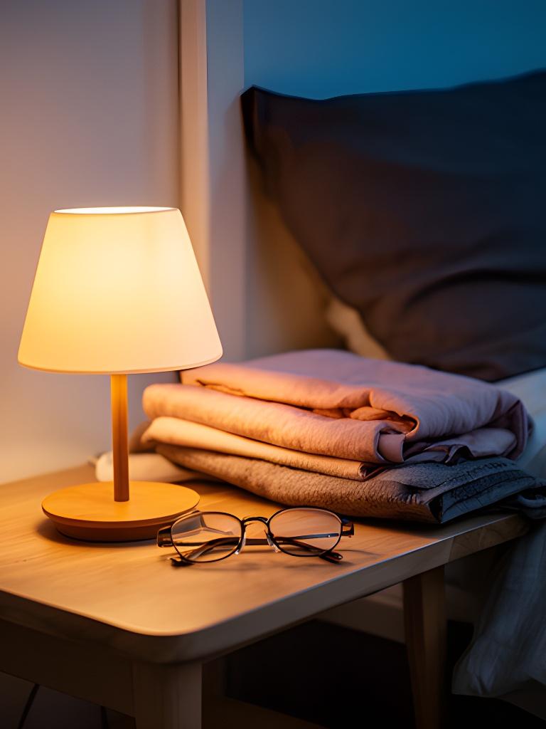 Small bedside table with a warm lamp, reading glasses, and folded cotton bedding
