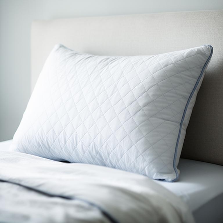 Cool-touch pillow with a quilted cover resting against a pale upholstered headboard