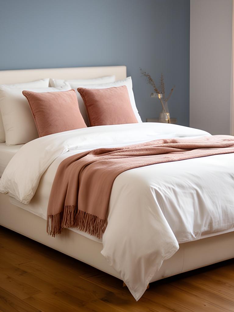 Finished double bed with white sheets, blush cushions and a folded throw in a quiet room