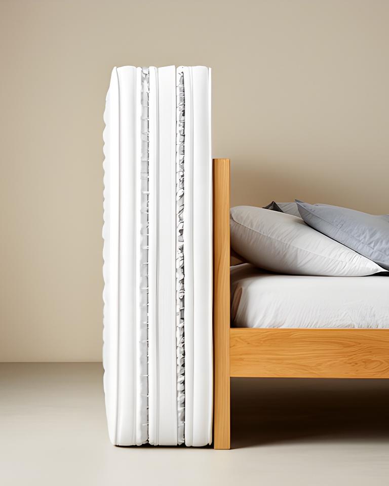 Firm pocket-sprung mattress shown in side profile beside a wooden bed frame