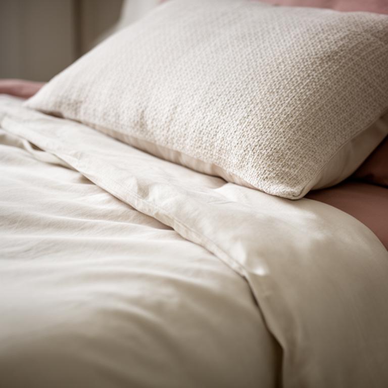 Close view of a neatly made bed with a pale duvet and textured pillow