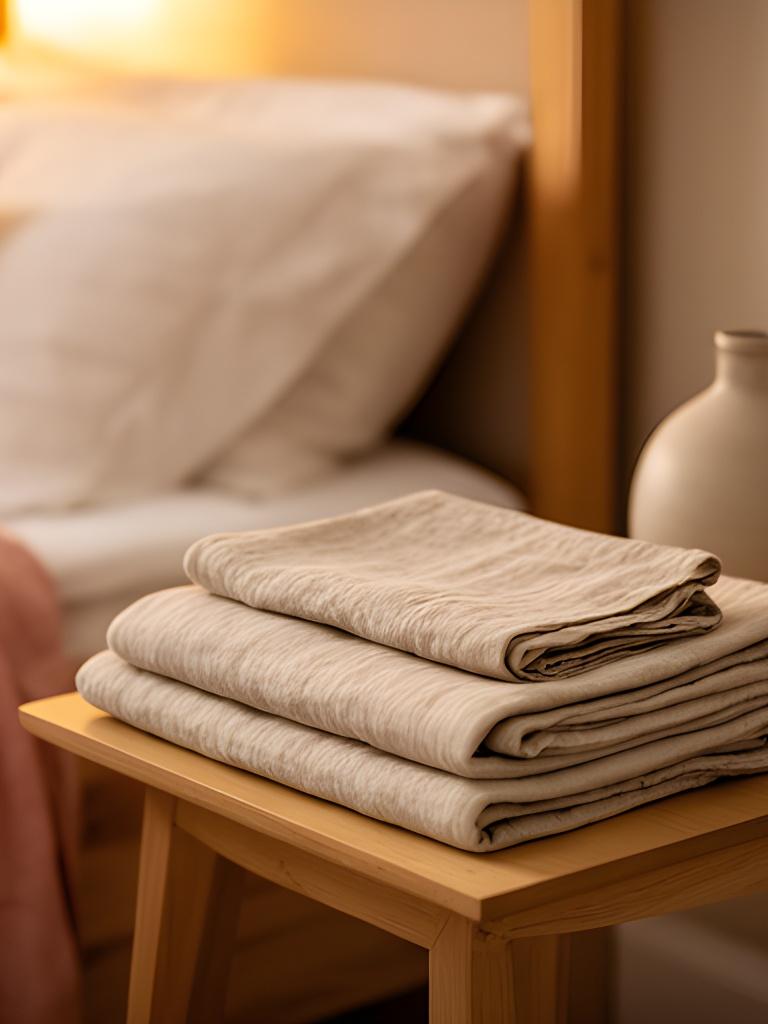 Linen pillowcase and folded sheet resting on a bedside table in a warm bedroom