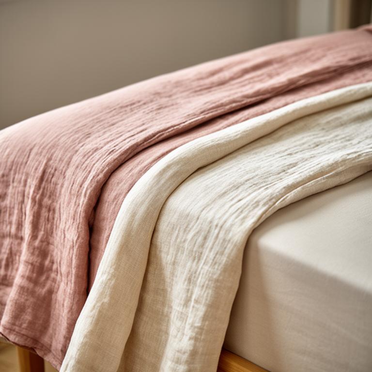 Textured duvet folded over the corner of a simple bed with blush linen