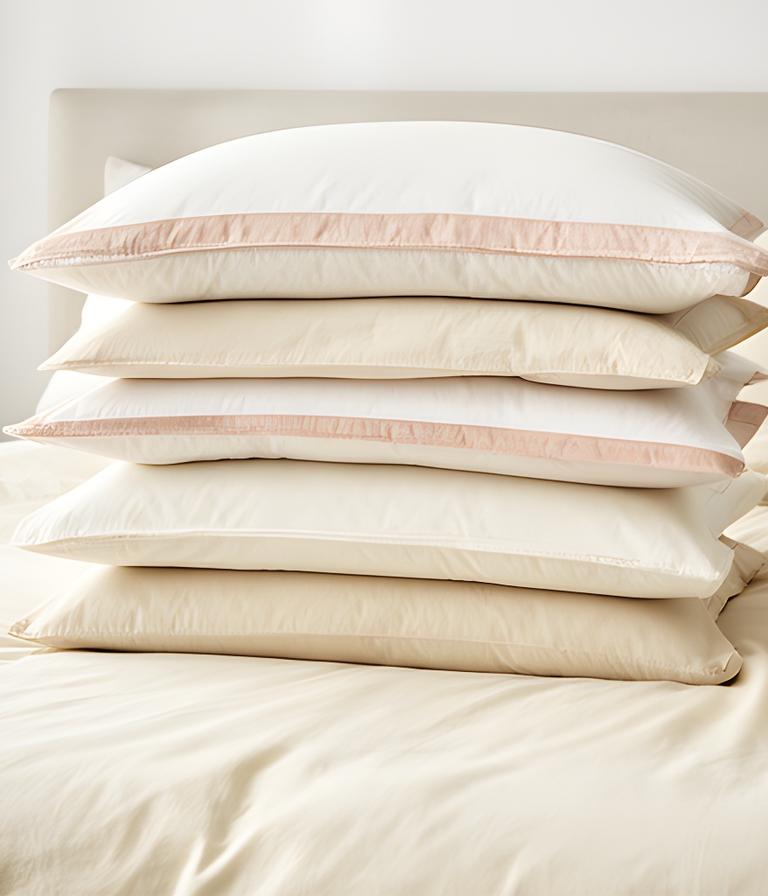 Stack of supportive pillows in cotton covers arranged on a cream bedspread