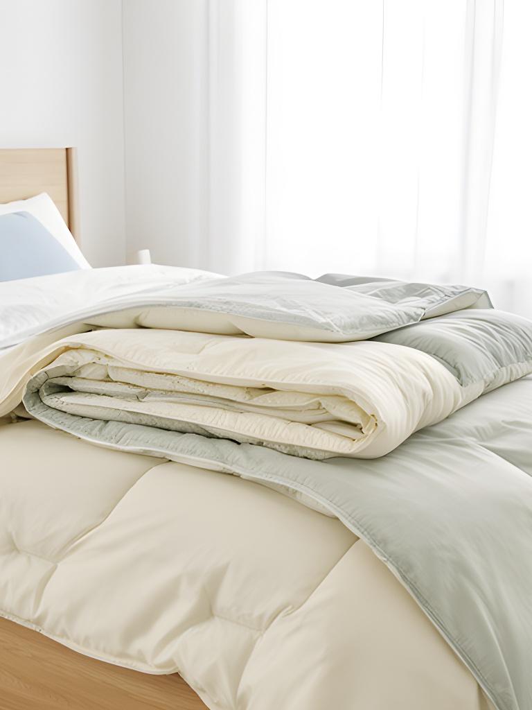 All-season duvet folded at the foot of a bright bedroom bed
