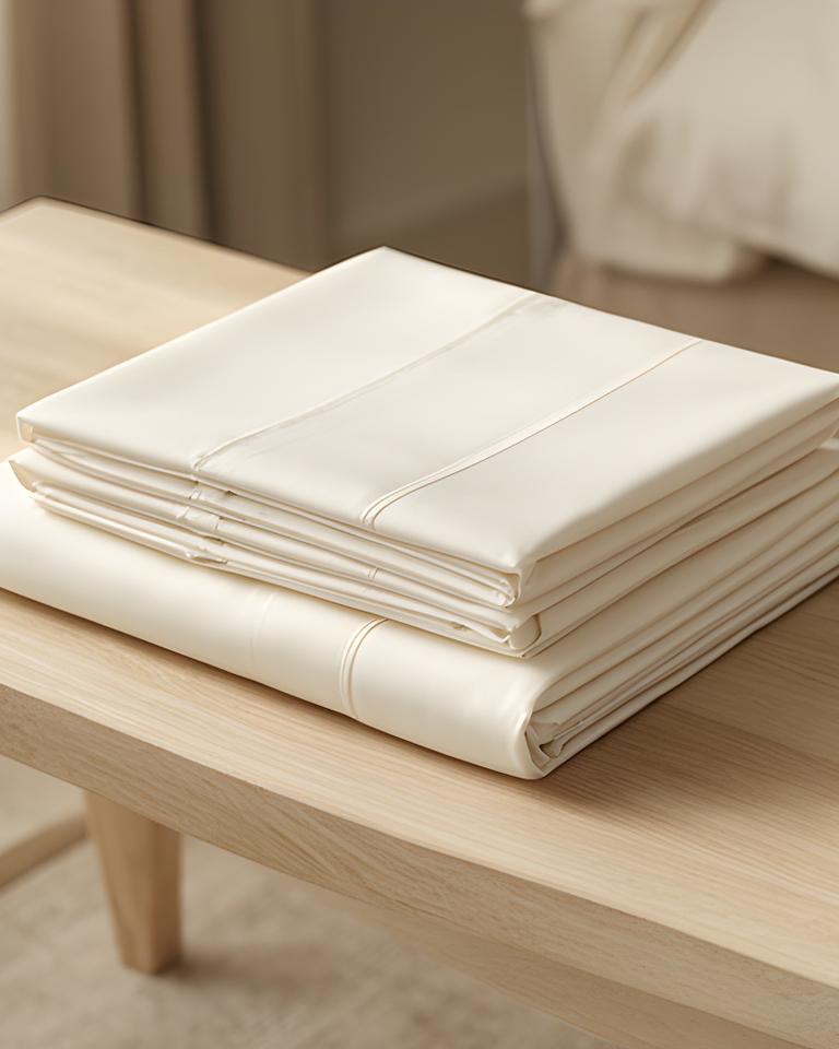 White Egyptian cotton sheet set folded on a pale oak bench