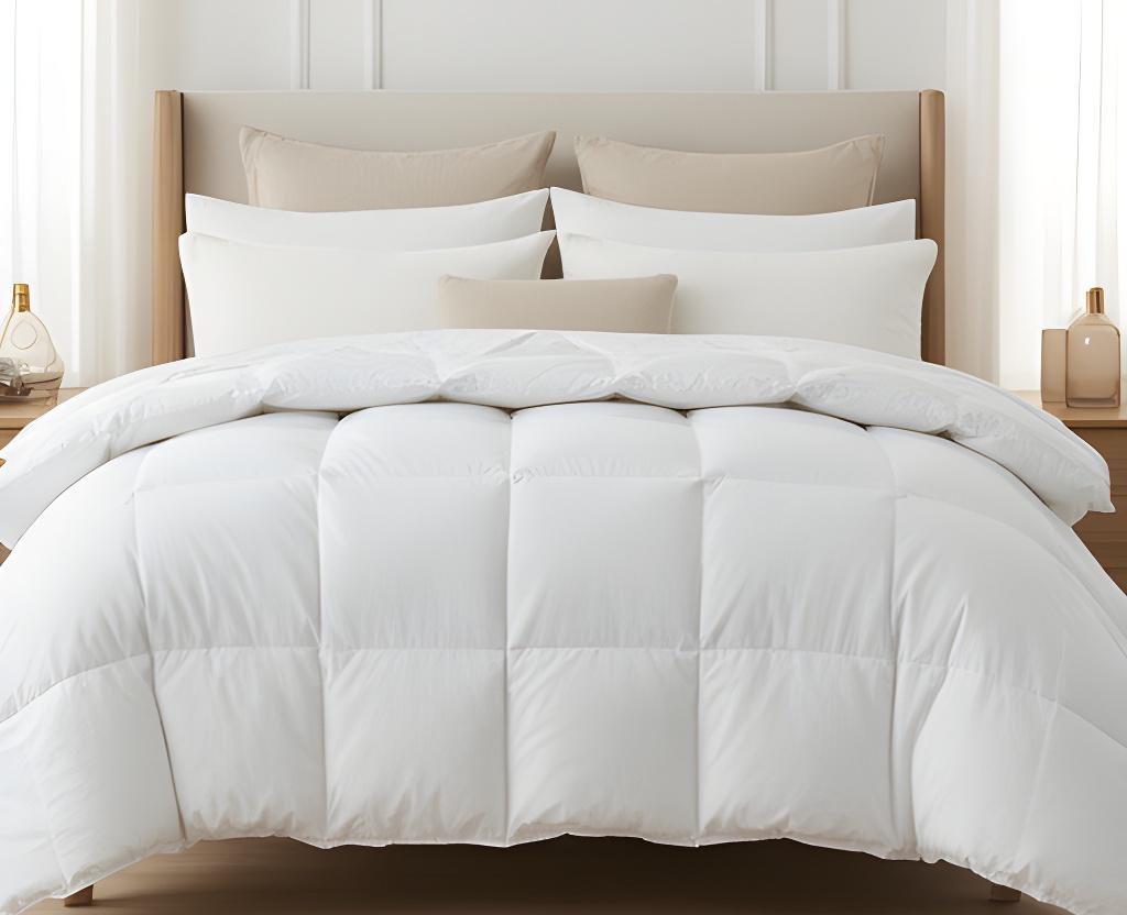 Plump hotel-style duvet layered across a neatly made bedroom bed