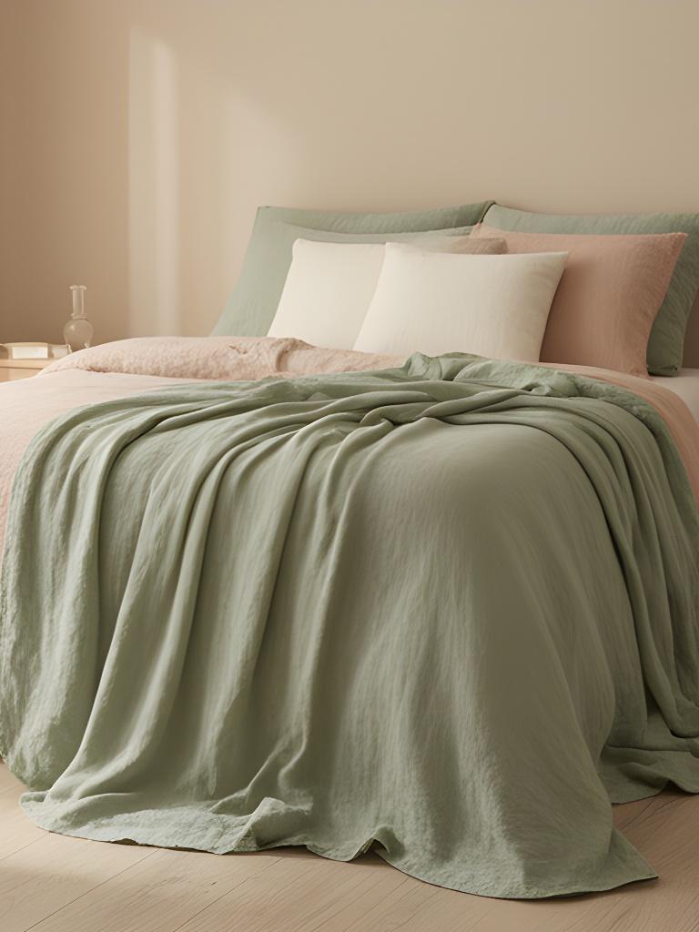 Linen bedspread draped across a double bed in a softly coloured guest room