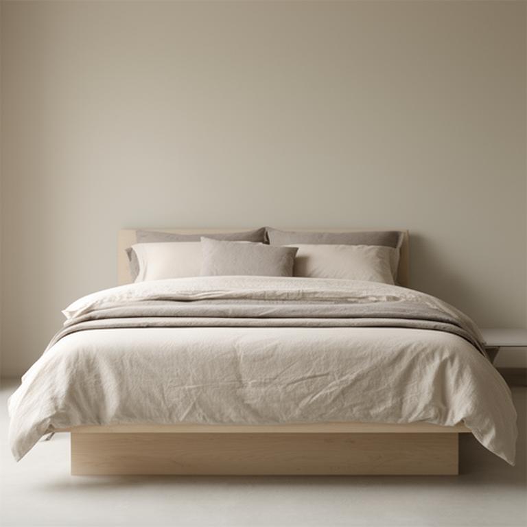Neutral bedding layers styled on a low bed in a quiet, uncluttered room