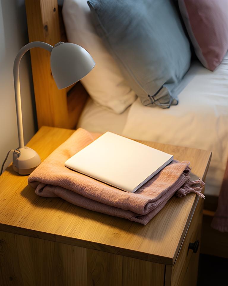 Small bedside table with a reading lamp, folded blanket and notebook in a Derry home