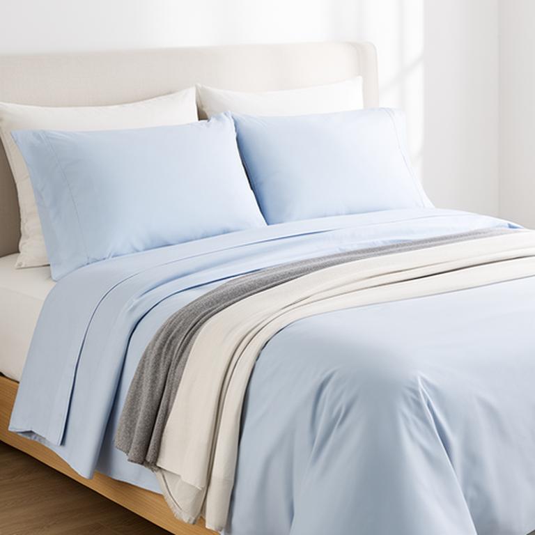 Crisp pale blue percale bedding layered across a neatly made bed