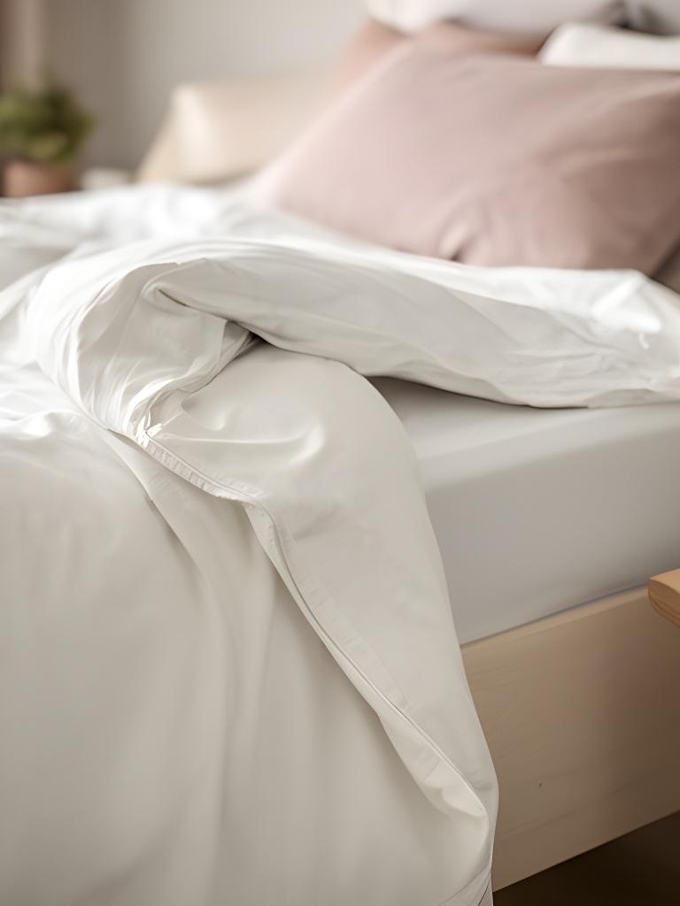 Duvet corner turned back to show a crisp cotton sheet in a softly decorated bedroom