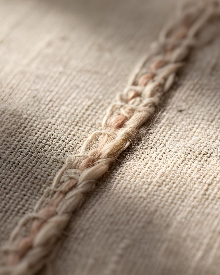 Close-up of woven natural linen fabric showing its soft texture and fine stitching