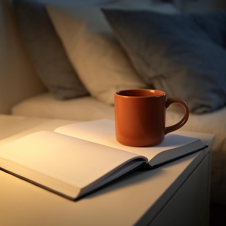 Closed book and ceramic mug on a bedside table next to neatly arranged pillows