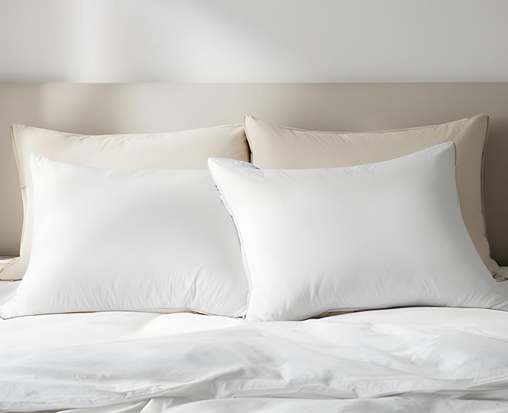 Pair of cotton-filled pillows arranged on a white duvet in a quiet bedroom
