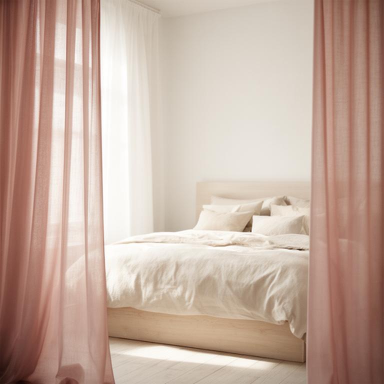 Soft curtains open beside a neatly dressed bed in a peaceful neutral bedroom