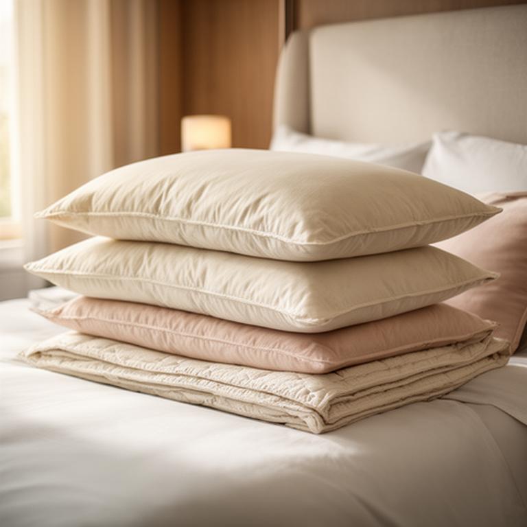 Stack of plush pillows with soft cream covers on a made bed
