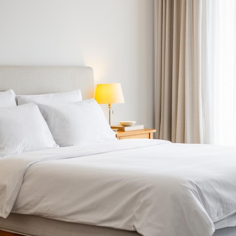 Fresh white bedding prepared in a bright guest bedroom with a small reading lamp