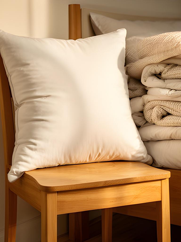 Plump bedroom pillow showing its loft on a wooden chair beside folded bedding
