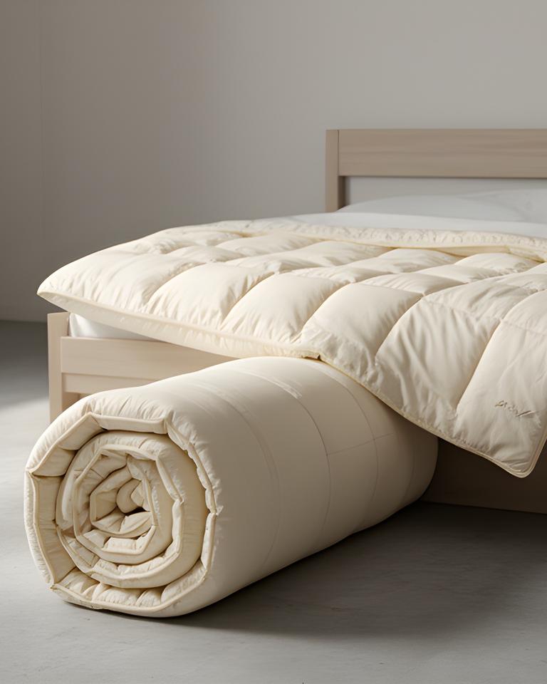 Cotton mattress topper rolled beside a simple bed in a neutral bedroom