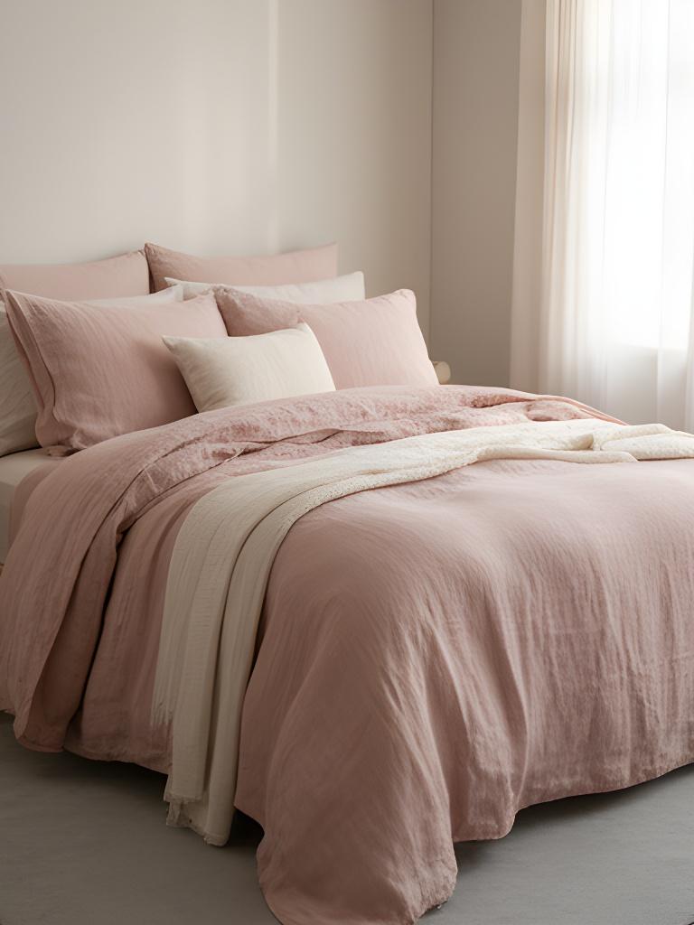 Calm bedroom in Derry with layered blush linen bedding and soft morning light