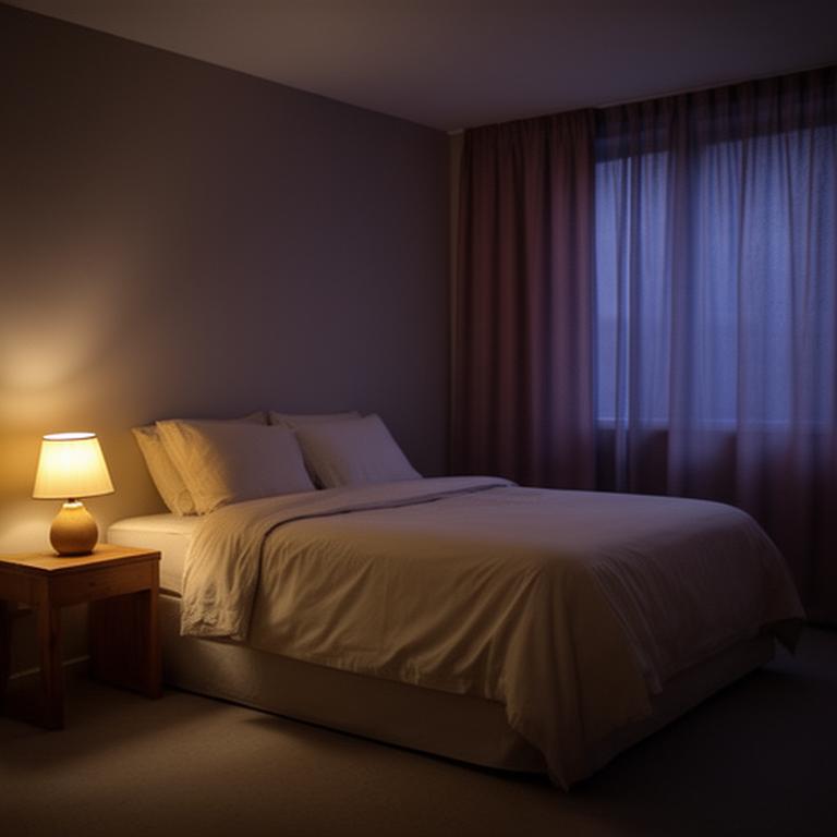 Quiet bedroom with a bedside lamp, low bed, and neatly tucked cream bedding