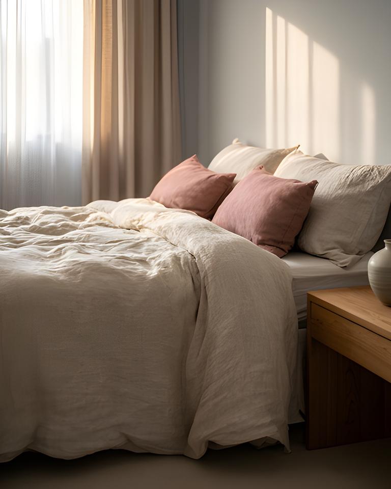 Calm bedroom display with rumpled linen duvet, rose cushions and a wooden bedside table