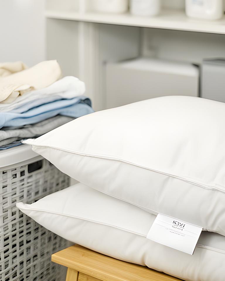 Pillow beside its care label and clean laundry basket in a bright utility room
