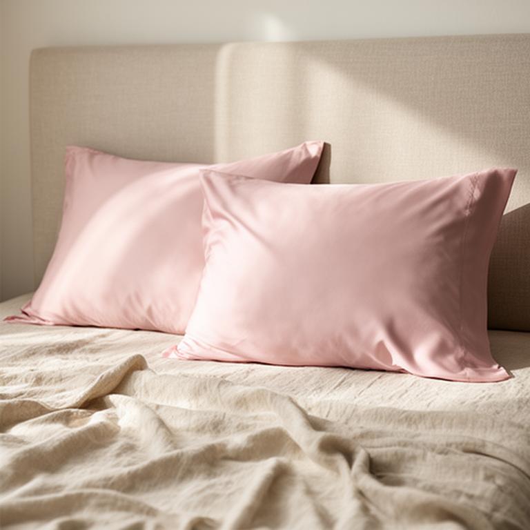 Bamboo pillowcase pair in soft blush tones on a linen bed