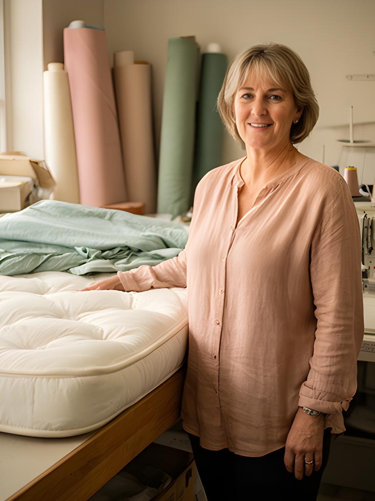 Zantia Glendening standing beside finished mattress covers in the Derry workshop