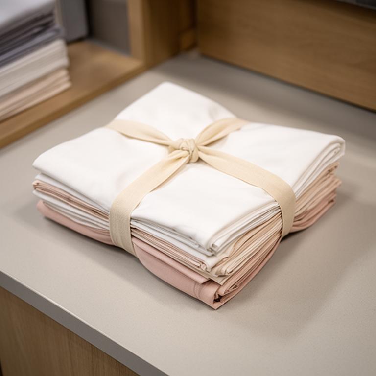 Stack of folded cotton sheets tied with a simple fabric band on a showroom counter