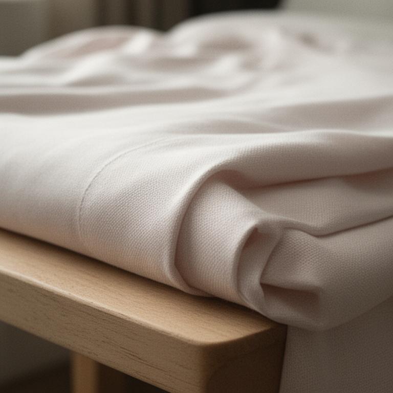 Close view of woven cotton sheet fabric folded on a bedroom bench