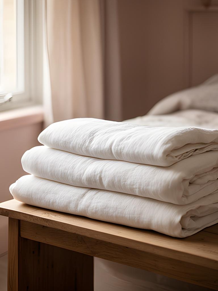 Folded white linen on a wooden bedroom bench beside a softly lit window