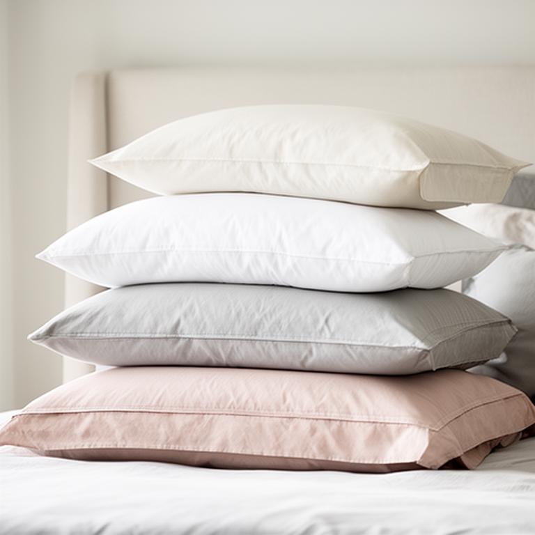 Stack of supportive pillows in cotton covers on a pale upholstered bed