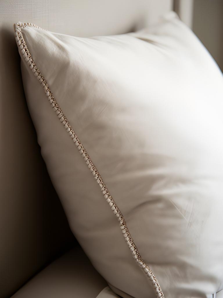 Cotton pillow with a stitched edge resting against a neutral upholstered headboard