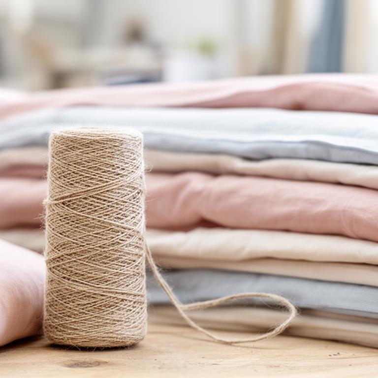 Close view of natural linen thread beside folded blush bedding in a bright local workshop