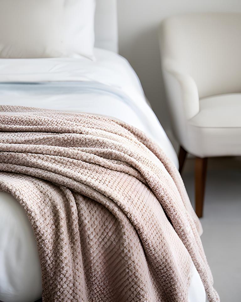 Textured blanket folded at the foot of a white bed beside a pale upholstered chair