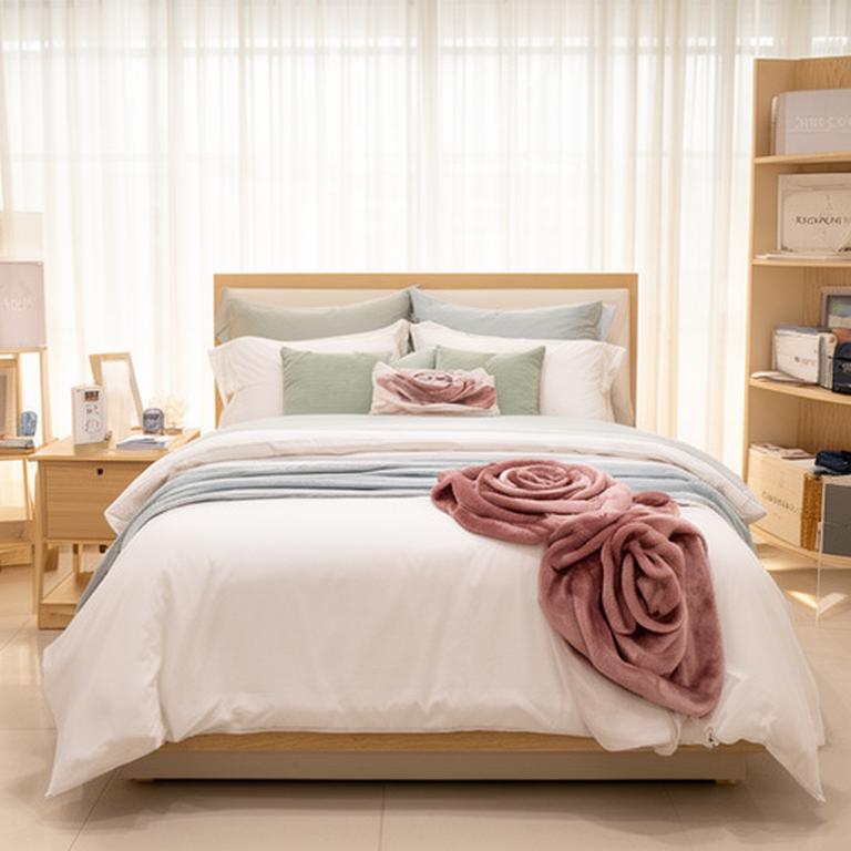 Showroom bed display dressed with layered white sheets, a rose throw and supportive pillows