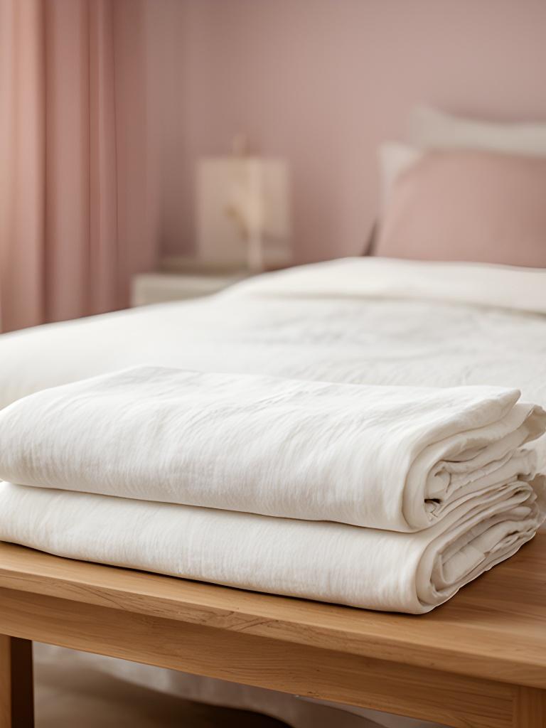 Folded white linen bedding on a wooden bench in a calm bedroom