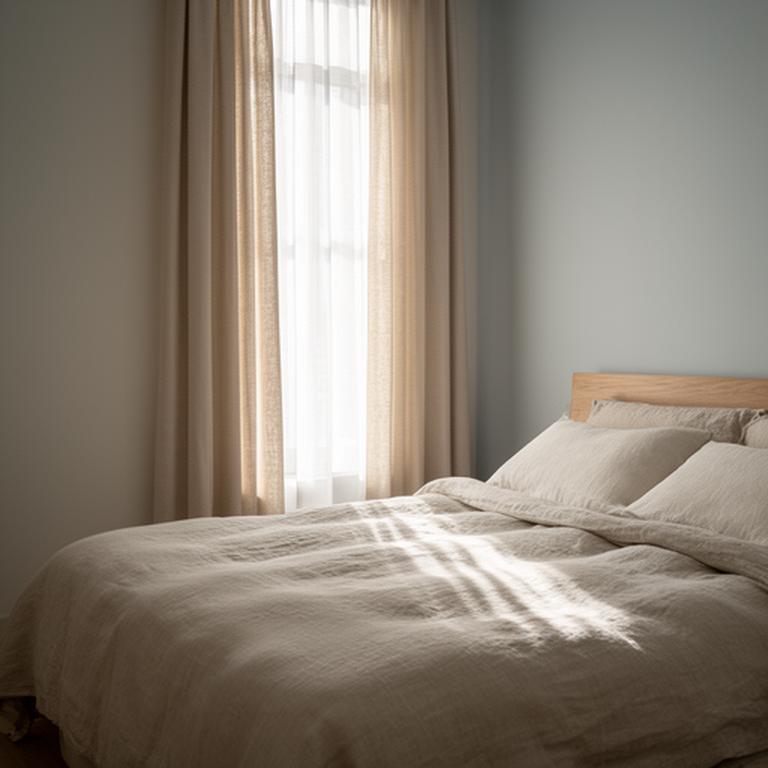 Made bed positioned near a tall window with daylight falling across natural bedding