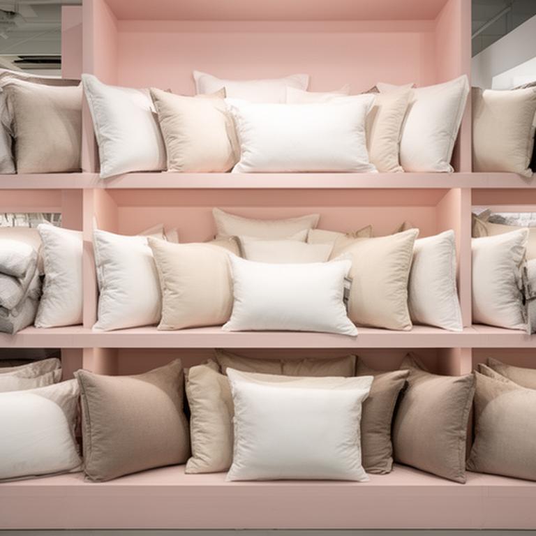Rows of supportive pillows arranged on a pale pink display shelf in a bedding showroom
