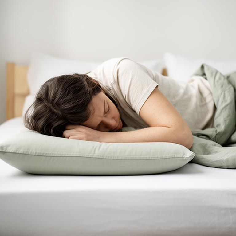 Stomach sleeper resting on a flatter pillow in a simple bedroom with cotton bedding