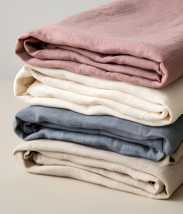 Neatly folded pile of linen bedding in muted rose, cream and blue-grey shades
