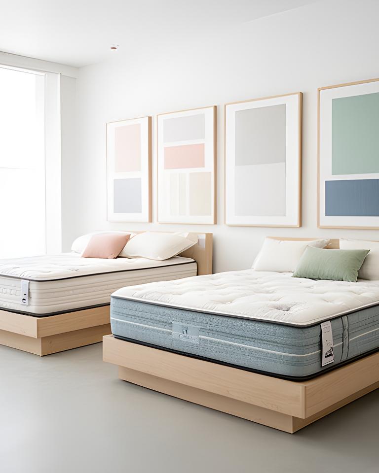 Bright showroom room with two mattress displays and framed fabric samples on the wall