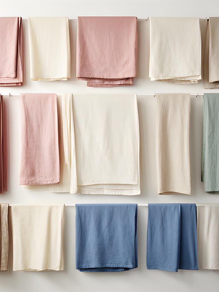 Wall of neatly arranged bedding fabric swatches in muted pink, cream and blue tones