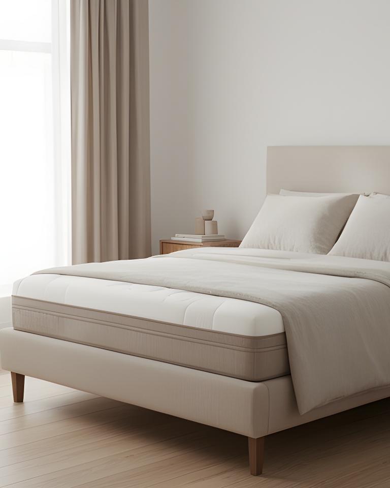 Memory foam mattress dressed in neutral linen inside a calm bedroom